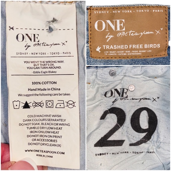 ONE TEASPOON Trashed Free Birds Low Waist Short Rise Rigid Skinny Jeans Size 29 - Picture 4 of 15